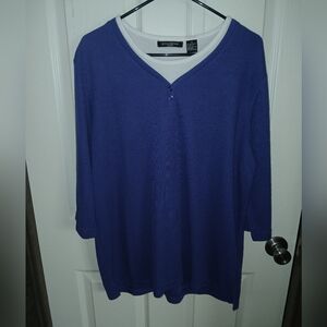 Speculation Womens Blue 3/4 Sleeve Blouse W/White Trim 1X Great Condition